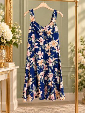 Paradise Bay Hawaiian Floral Sundress XL Blue Rayon Tropical Mini Dress